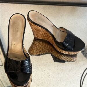 Prada Black and Tan Bamboo Woven Wedge Sandals
